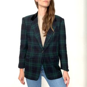 EUC Vintage Green & Purple Plaid Velvet Collar Wool Blazer Jacket